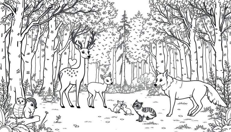 Een kleurplaat van een herfstbos vol dieren met een gezin dat wandelt.