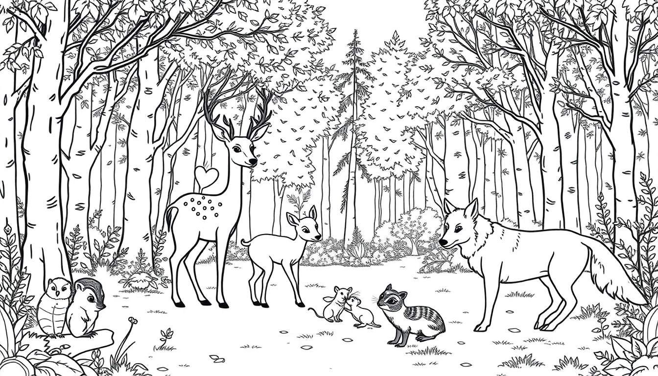 Een kleurplaat van een herfstbos vol dieren met een gezin dat wandelt.