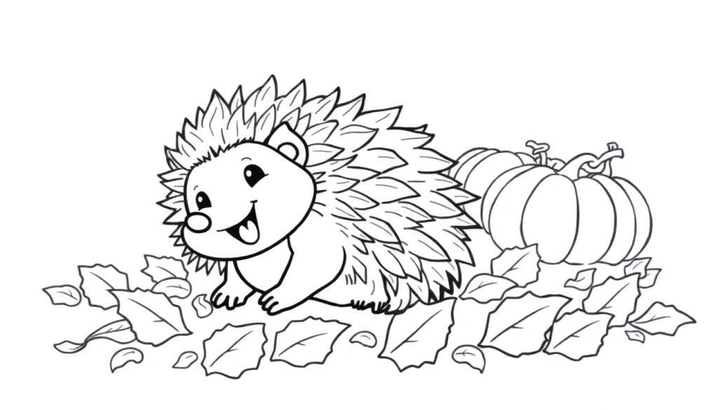 Kleurplaat van een vrolijke egel tussen herfstbladeren met pompoenen.