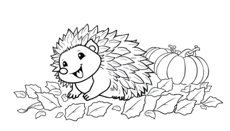 Kleurplaat van een vrolijke egel tussen herfstbladeren met pompoenen.