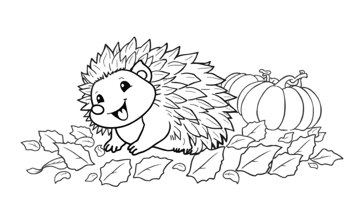 Kleurplaat van een vrolijke egel tussen herfstbladeren met pompoenen.