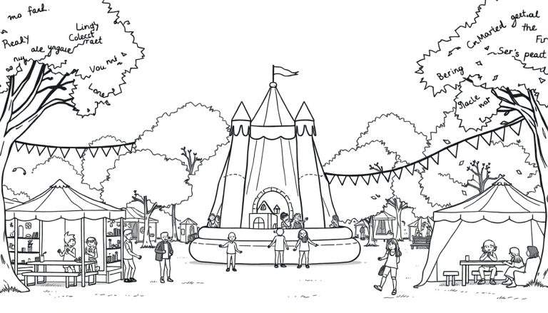 Levendig wijkfeest in het park met vlaggetjes, tentjes, gezelligheid en een springkussen in de vorm van een kasteel, perfect voor een kleurplaat.