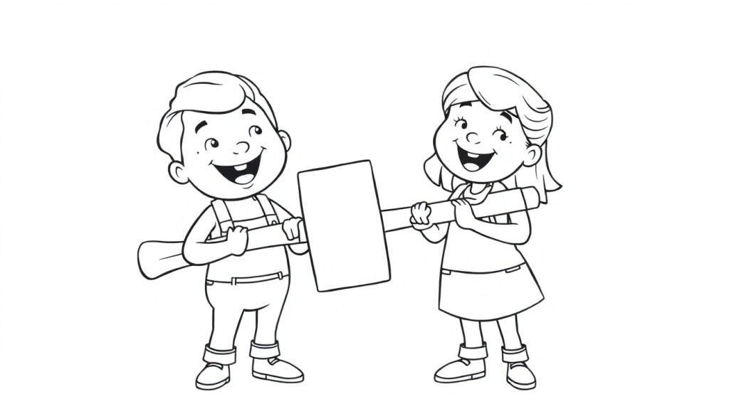 Kleurplaat van een lachende jongen en meisje met een grote hamer.