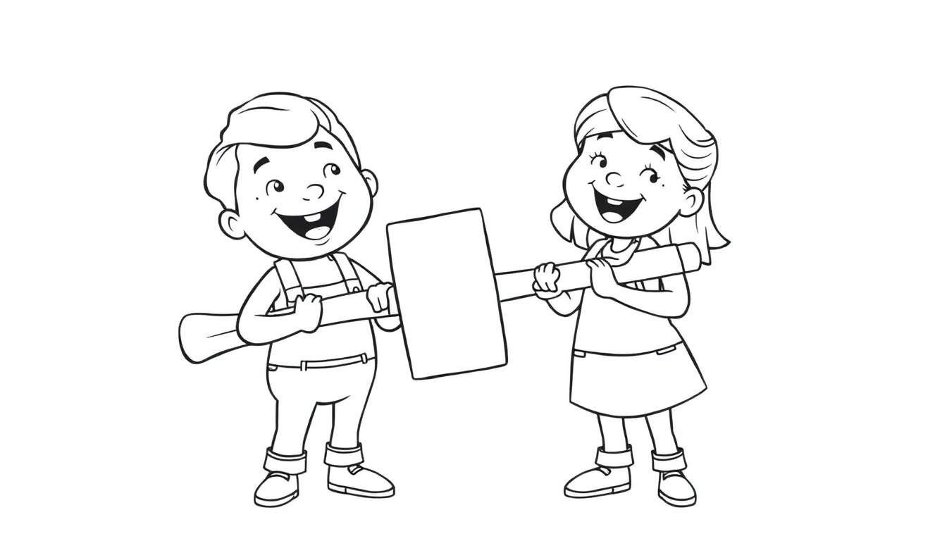 Kleurplaat van een lachende jongen en meisje met een grote hamer.