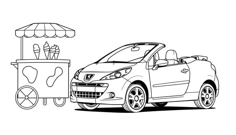 Kleurplaat van een ijskraam met een koeienvacht patroon naast een sportieve cabriolet.