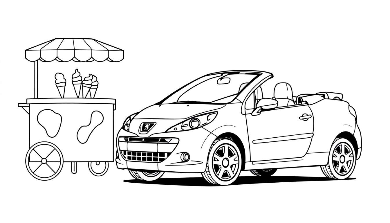 Kleurplaat van een ijskraam met een koeienvacht patroon naast een sportieve cabriolet.