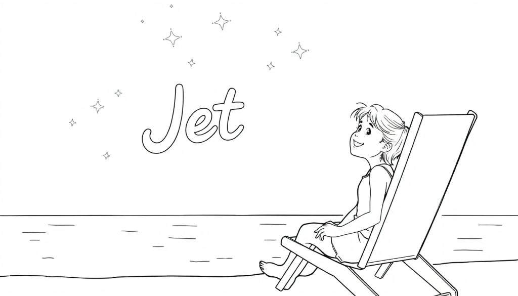 Zwart-wit kleurplaat van een meisje op een strandstoel onder een sterrenhemel, waarbij de sterren haar naam 'Jet' vormen.
