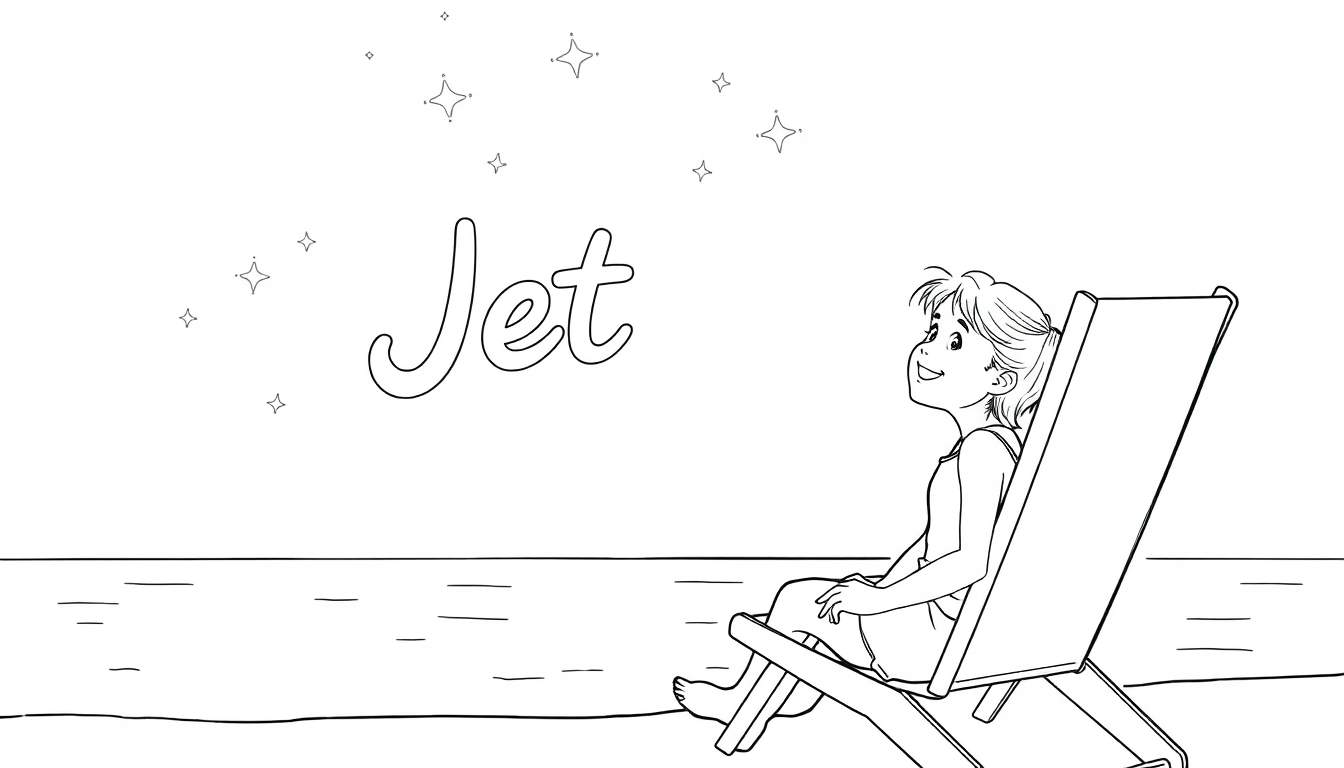Zwart-wit kleurplaat van een meisje op een strandstoel onder een sterrenhemel, waarbij de sterren haar naam 'Jet' vormen.