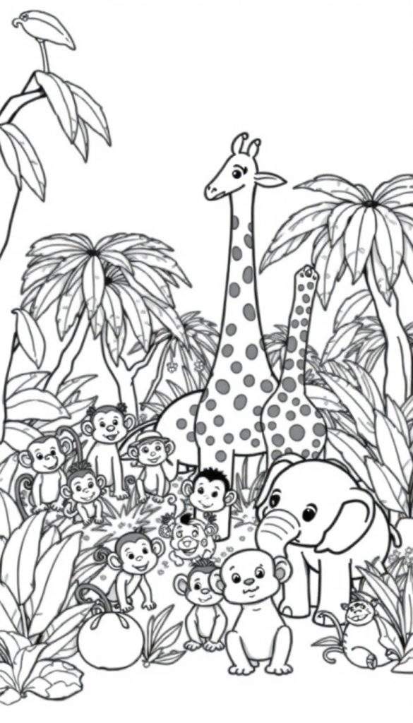 Een zwart-witte kleurplaat van jungle dieren die spelen.