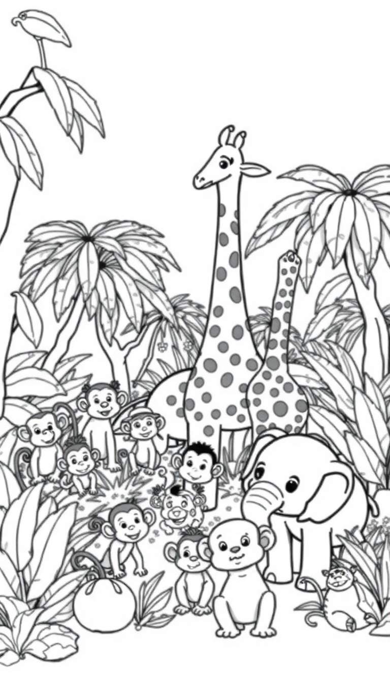 Een zwart-witte kleurplaat van jungle dieren die spelen.