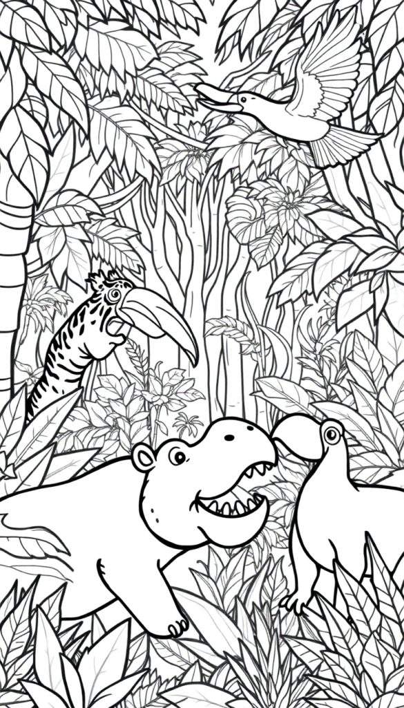 Een zwart-wit kleurplaat van een jungle met een nijlpaard en vogels.