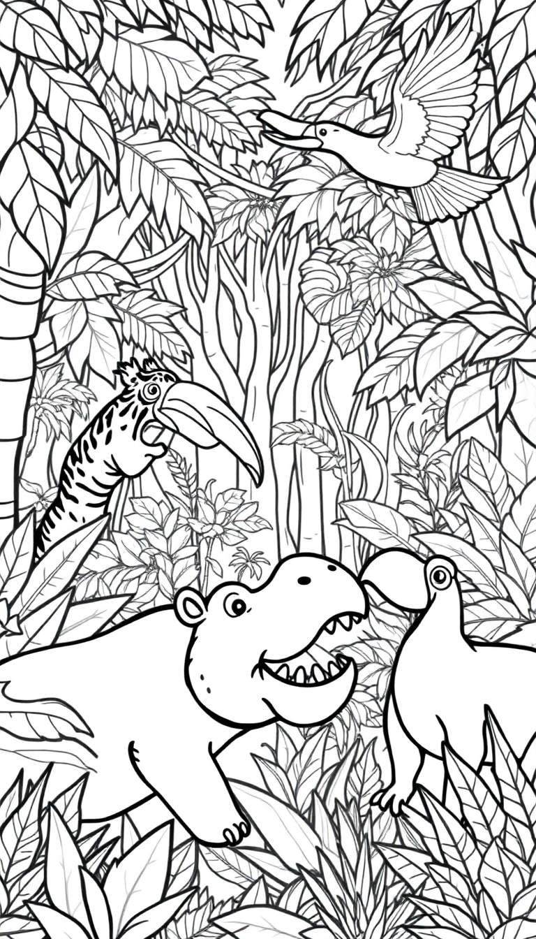Een zwart-wit kleurplaat van een jungle met een nijlpaard en vogels.