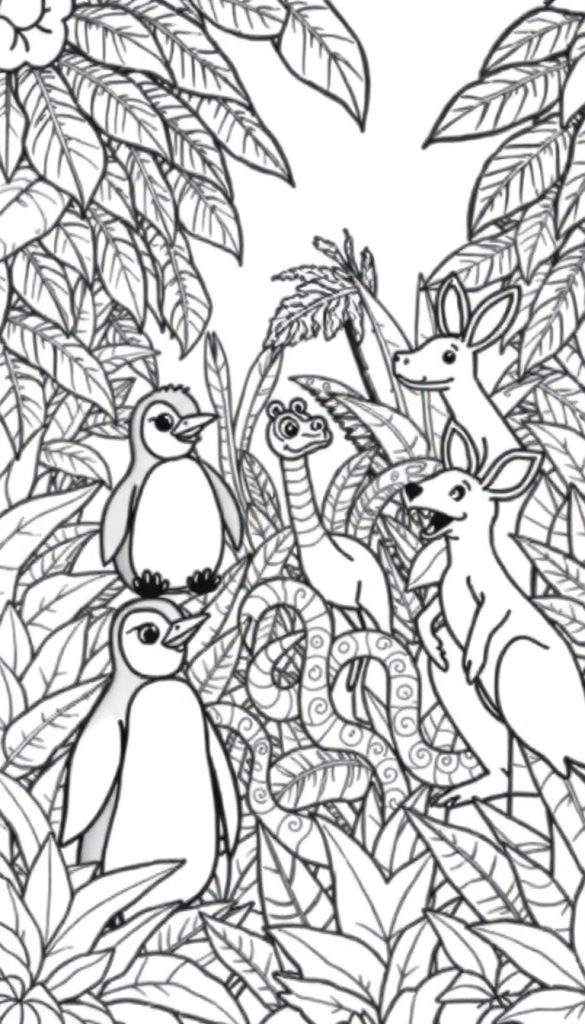 Een zwart-wit kleurplaat met pinguïns, een slang, een dinosaurus en kangoeroes in een weelderige jungle met bladeren en een zon.