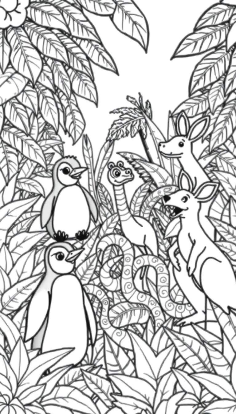 Een zwart-wit kleurplaat met pinguïns, een slang, een dinosaurus en kangoeroes in een weelderige jungle met bladeren en een zon.