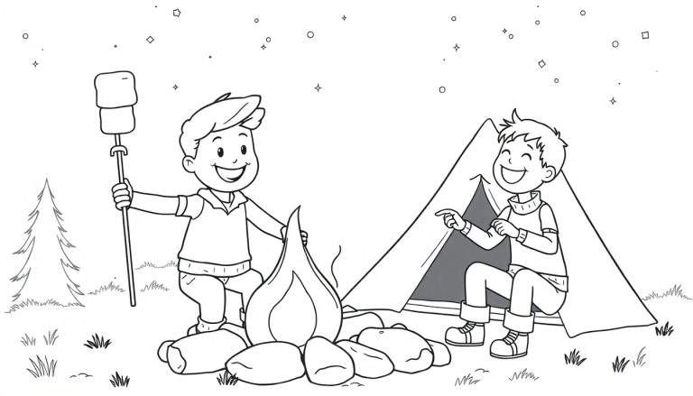 Kleurplaat: twee lachende jongens kamperen bij een kampvuur onder een sterrenhemel.