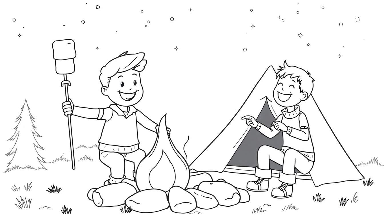 Kleurplaat: twee lachende jongens kamperen bij een kampvuur onder een sterrenhemel.