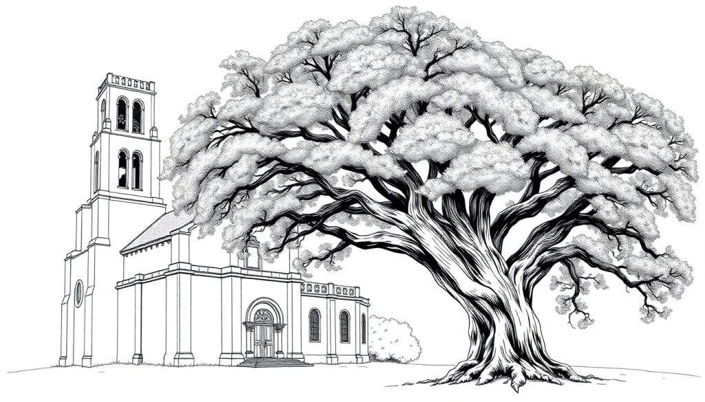 Zwart-wit kleurplaat van een kerk met een grote boom