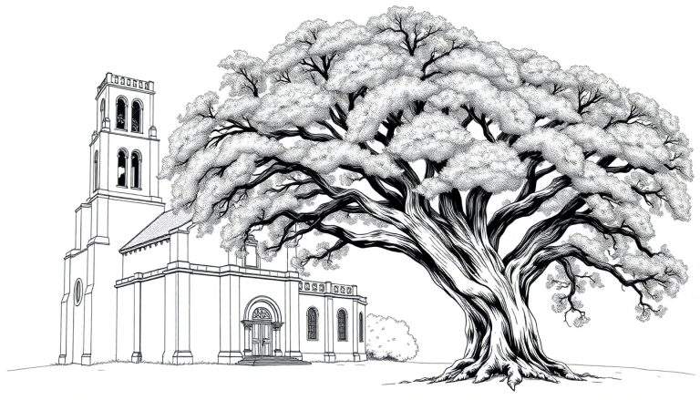 Zwart-wit kleurplaat van een kerk met een grote boom