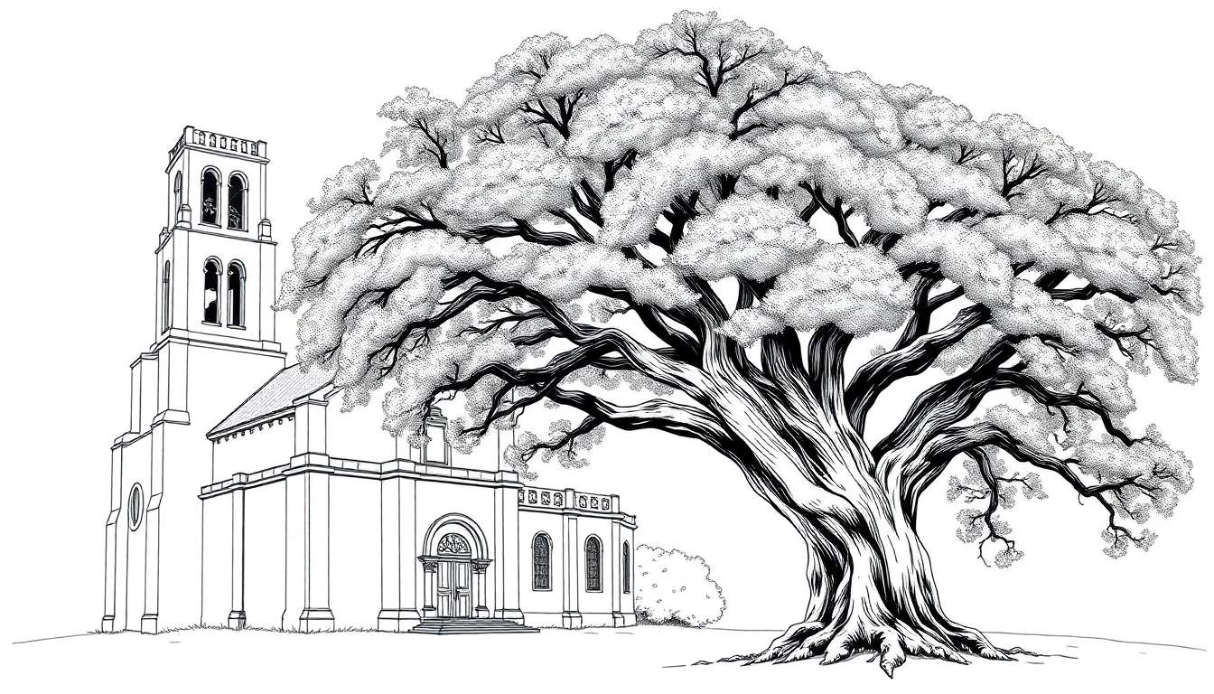 Zwart-wit kleurplaat van een kerk met een grote boom
