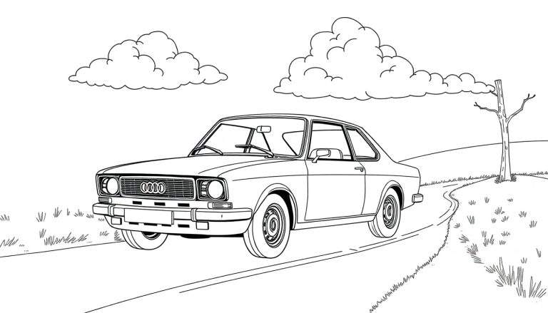 Zwart-wit kleurplaat van een klassieke Audi coupé op een landweg