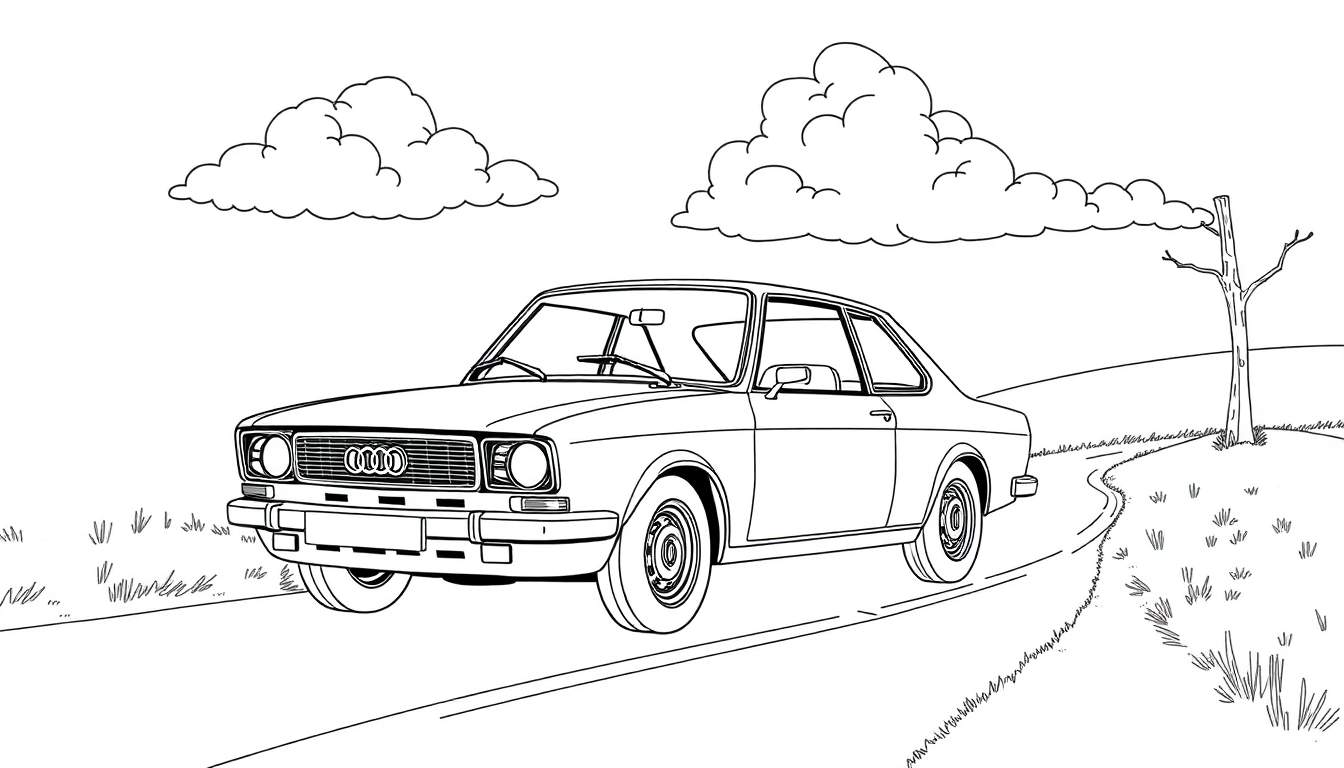 Zwart-wit kleurplaat van een klassieke Audi coupé op een landweg