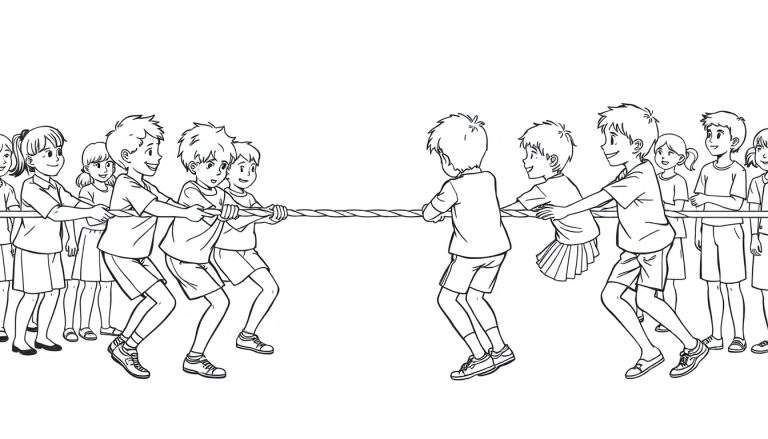 Zwart-wit kleurplaat van een schoolse touwtrekwedstrijd met lachende kinderen.