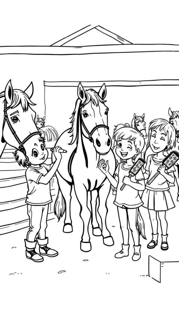 Kleurplaat van kinderen die een paard borstelen in een stal.