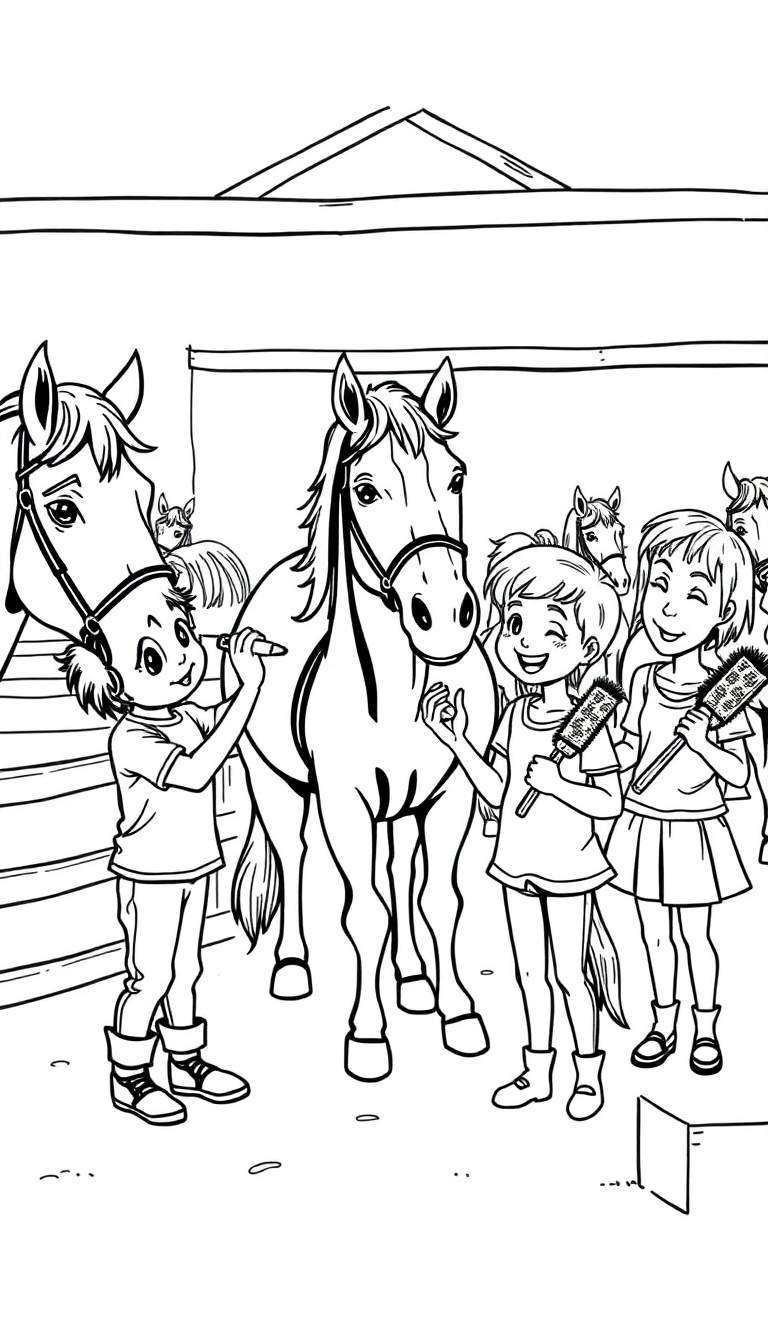 Kleurplaat van kinderen die een paard borstelen in een stal.