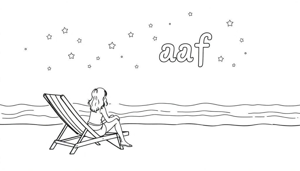 Zwart-wit kleurplaat van een meisje dat op een strandstoel zit aan zee, met de sterren 'Aaf' boven haar hoofd.