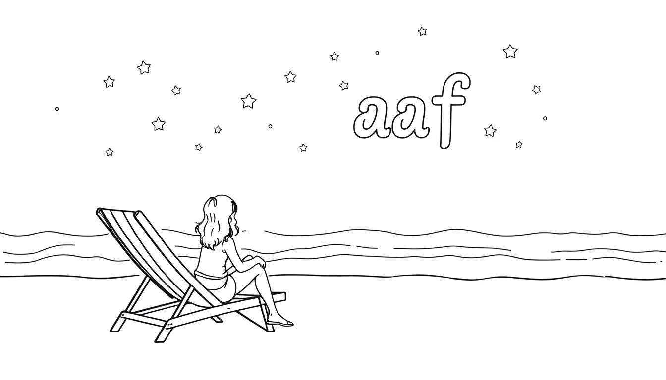 Zwart-wit kleurplaat van een meisje dat op een strandstoel zit aan zee, met de sterren 'Aaf' boven haar hoofd.