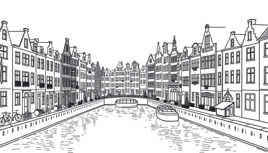 Zwart-wit kleurplaat van een Amsterdamse gracht met huizen en boten.