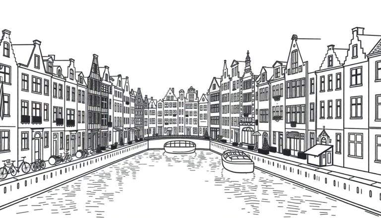 Zwart-wit kleurplaat van een Amsterdamse gracht met huizen en boten.