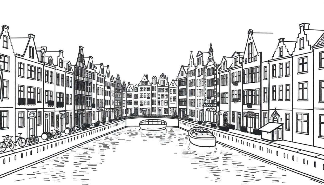 Zwart-wit kleurplaat van een Amsterdamse gracht met huizen en boten.