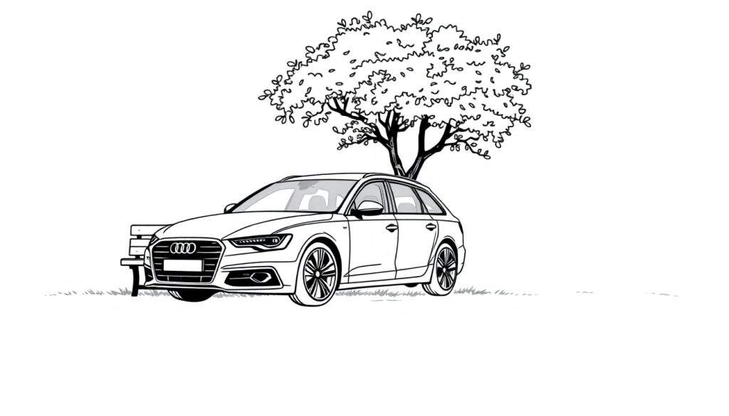 Kleurplaat van een Audi A6 stationwagon naast een bankje onder een boom.