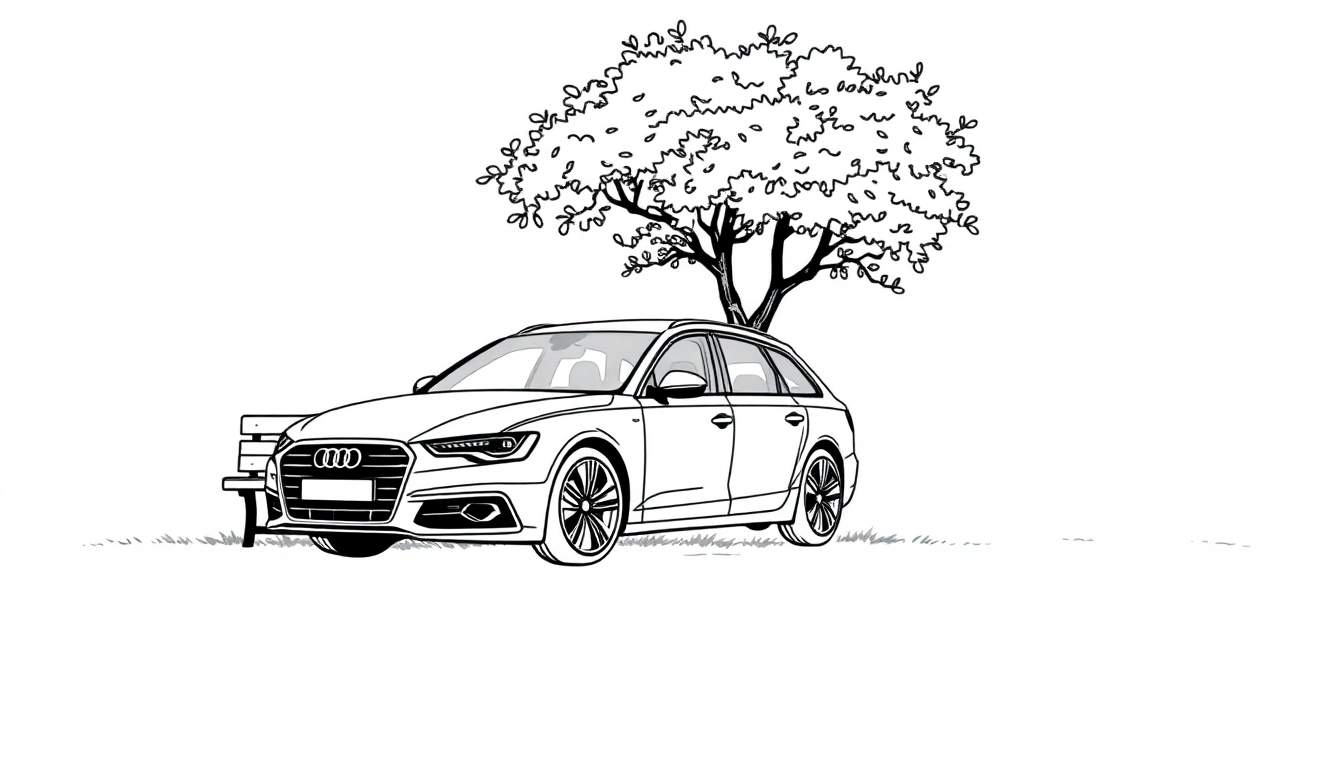 Kleurplaat van een Audi A6 stationwagon naast een bankje onder een boom.