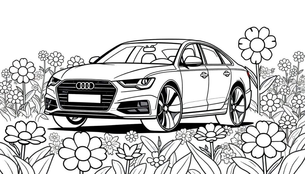 Een zwart-wit kleurplaat van een Audi A6 omringd door bloemen.