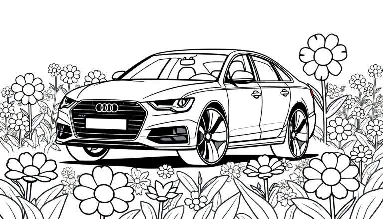 Een zwart-wit kleurplaat van een Audi A6 omringd door bloemen.