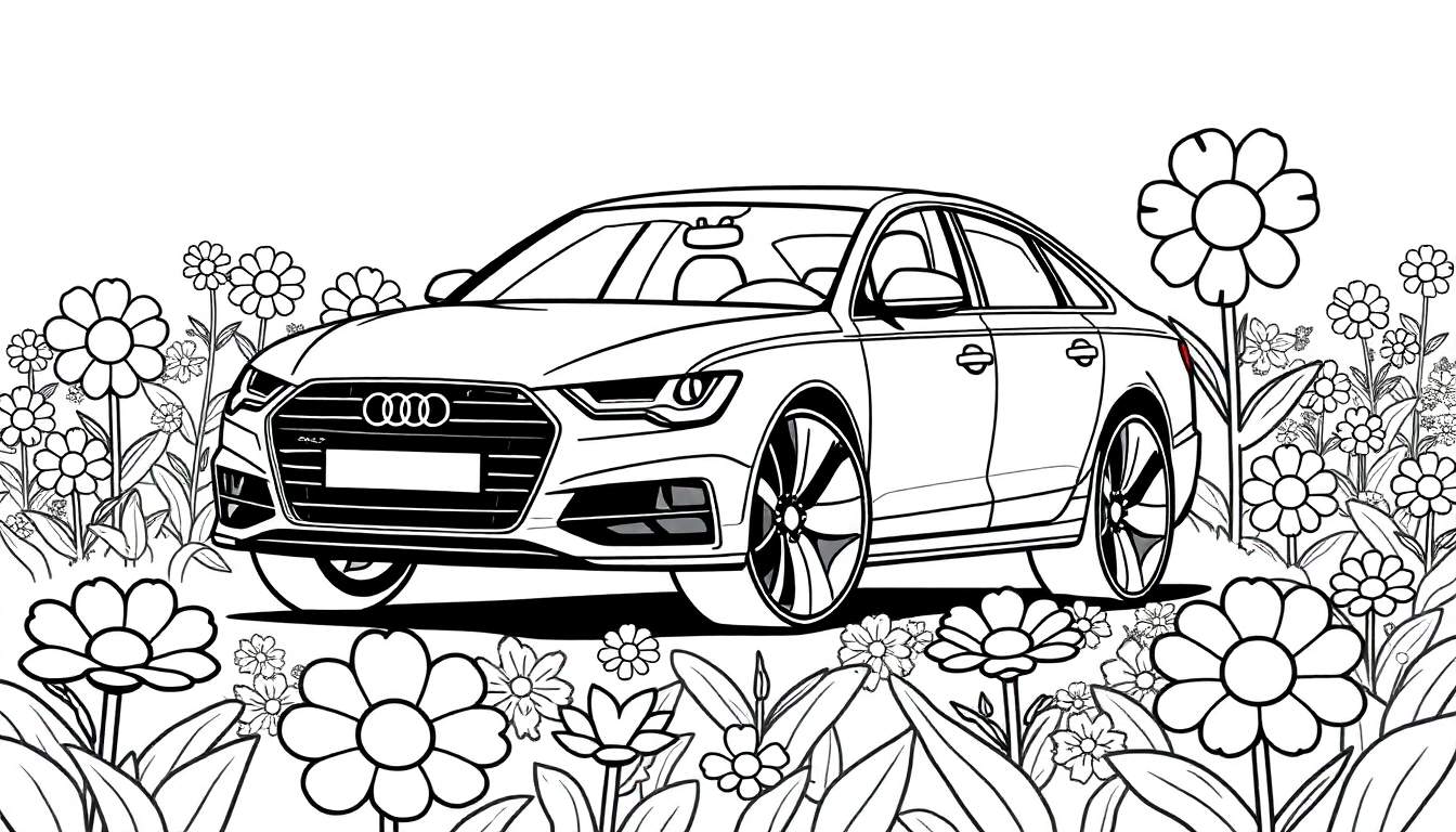 Een zwart-wit kleurplaat van een Audi A6 omringd door bloemen.