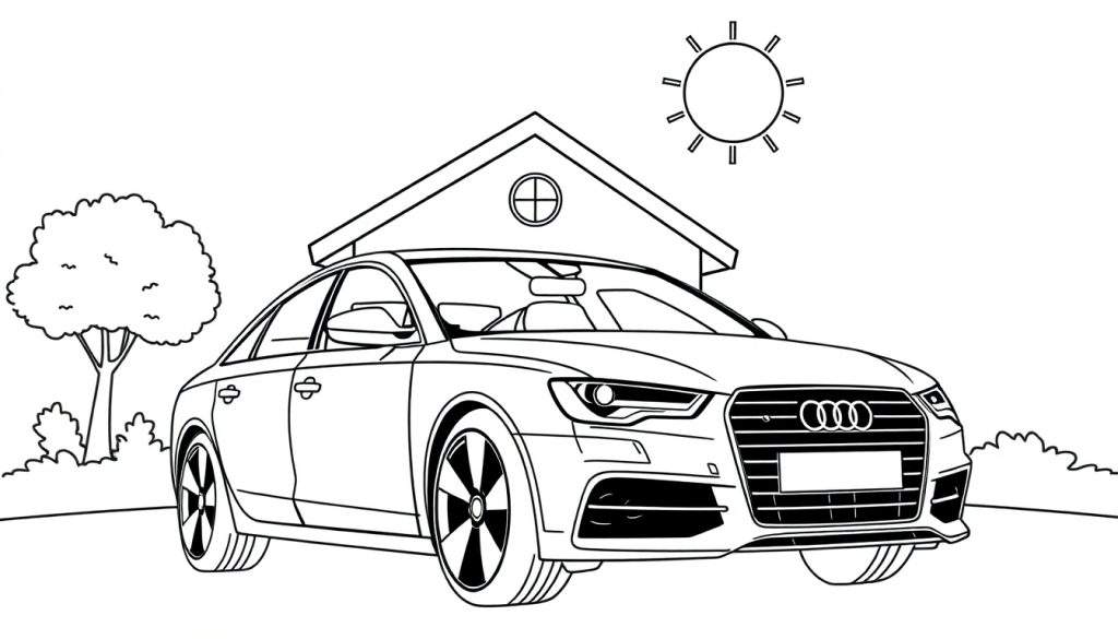 Zwart-wit tekening van een Audi A6 als kleurplaat, geparkeerd voor een huis met een zonnetje.