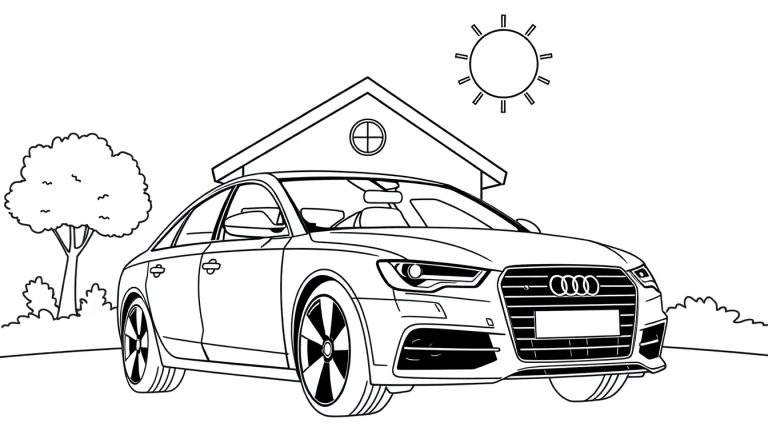 Zwart-wit tekening van een Audi A6 als kleurplaat, geparkeerd voor een huis met een zonnetje.