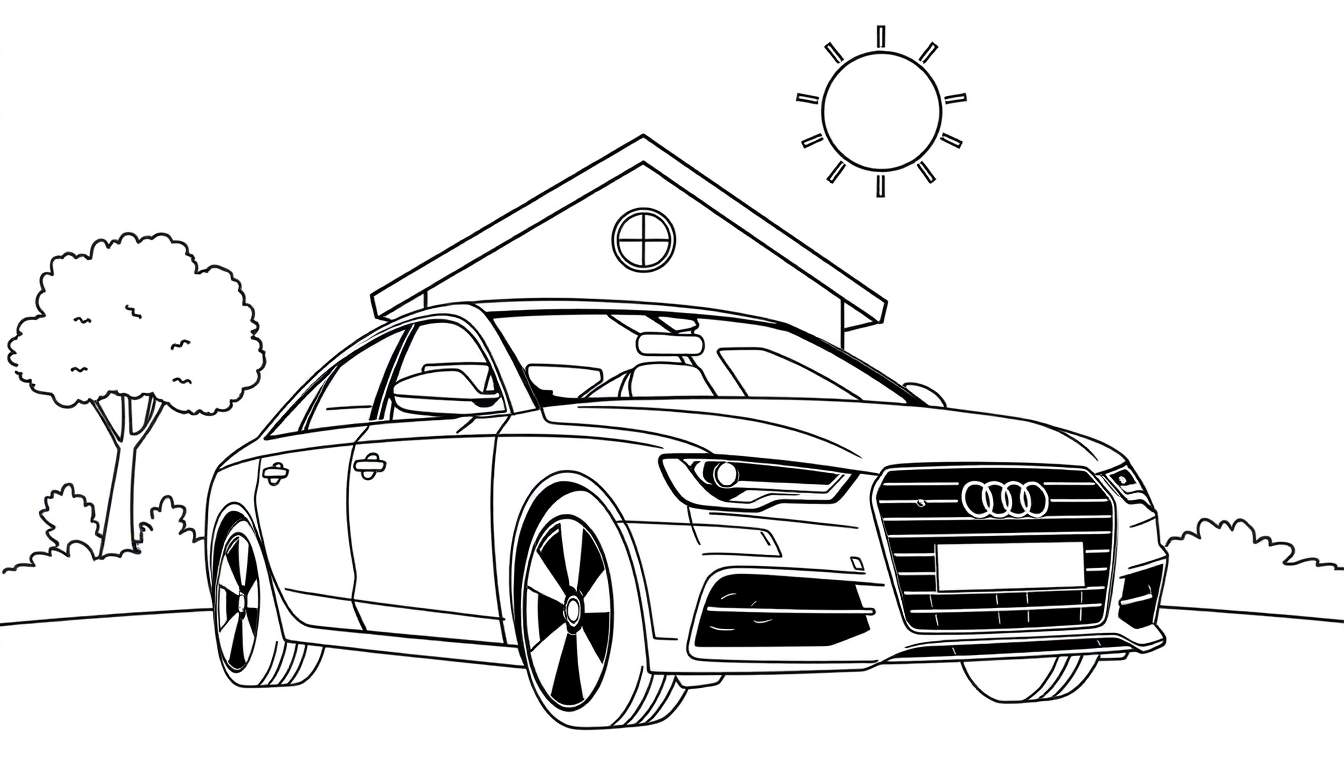 Zwart-wit tekening van een Audi A6 als kleurplaat, geparkeerd voor een huis met een zonnetje.