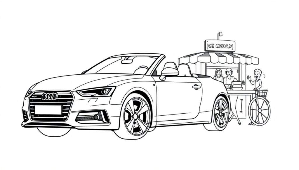 Kleurplaat van een Audi cabriolet bij een ijskraampje.