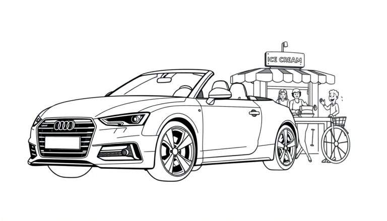 Kleurplaat van een Audi cabriolet bij een ijskraampje.