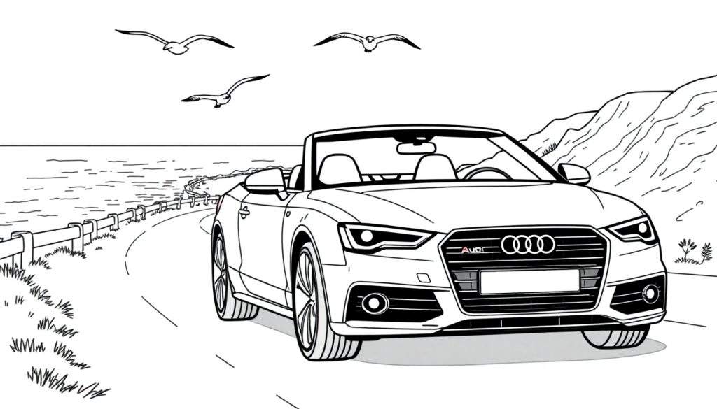 Zwart-wit kleurplaat van een Audi Cabriolet aan zee, met meeuwen in de lucht.