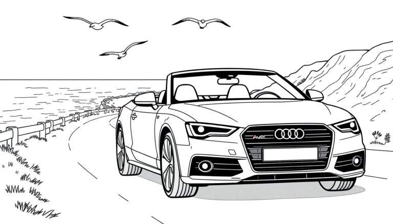 Zwart-wit kleurplaat van een Audi Cabriolet aan zee, met meeuwen in de lucht.