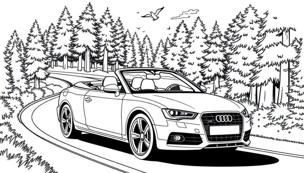 Een zwart-wit kleurplaat tekening van een Audi cabriolet sportwagen die op een bochtige weg rijdt, omringd door naaldbomen.