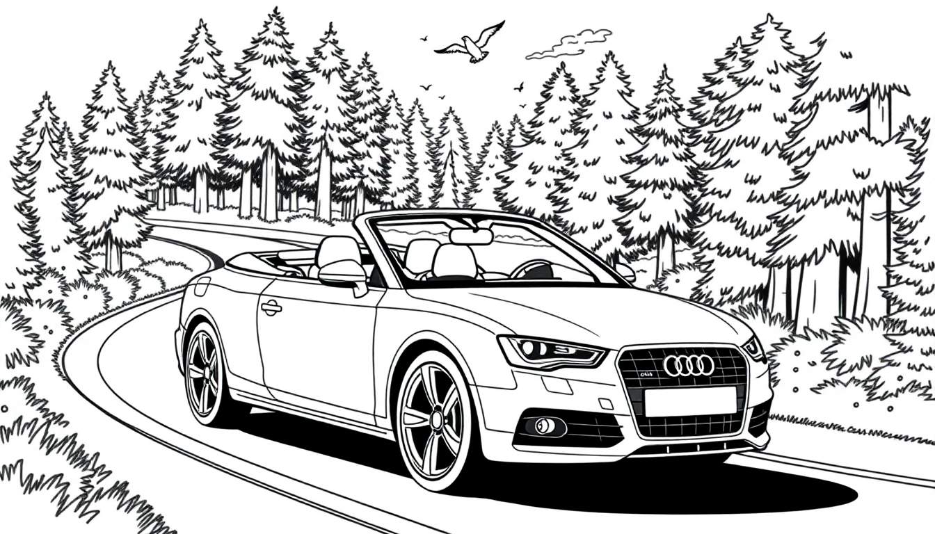Een zwart-wit kleurplaat tekening van een Audi cabriolet sportwagen die op een bochtige weg rijdt, omringd door naaldbomen.