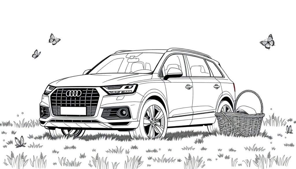 Kleurplaat van een Audi Q7 met vlinders en een picknickmand.