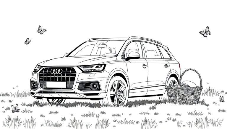 Kleurplaat van een Audi Q7 met vlinders en een picknickmand.