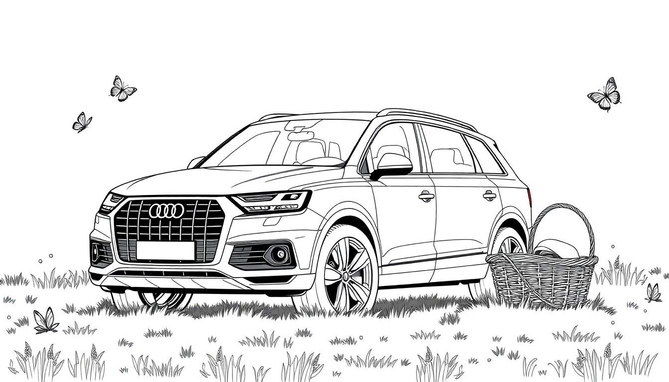 Kleurplaat van een Audi Q7 met vlinders en een picknickmand.